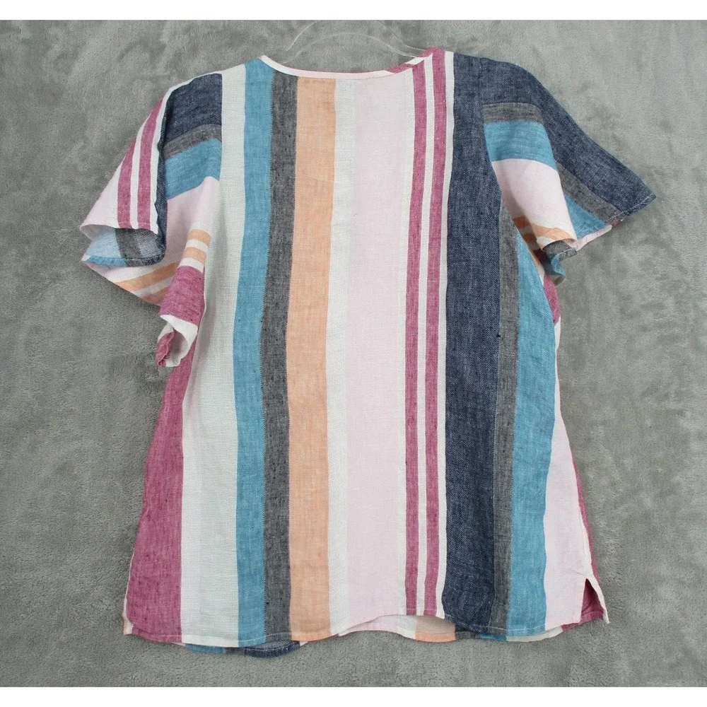 J Crew Shirt Womens 6 Linen Striped‎ Flutter Sleeve Ruffle Button Boho Coastal
